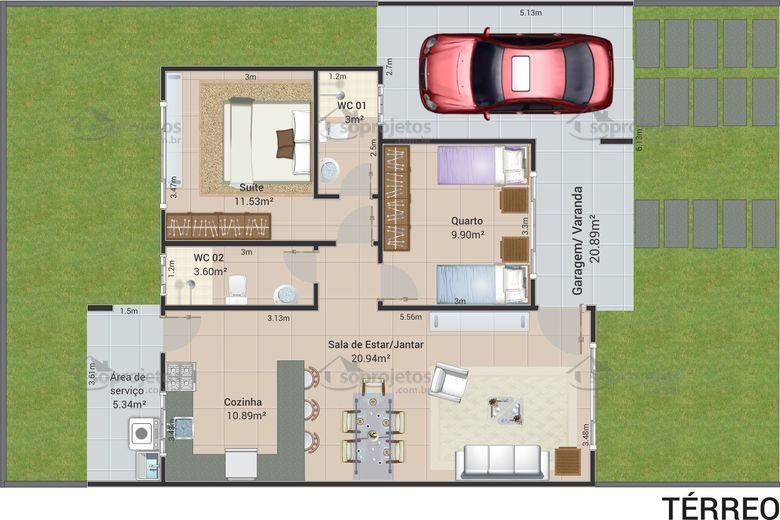 Planta de casa terrea com 2 quartos sendo 1 suite cod 155 planta da casa