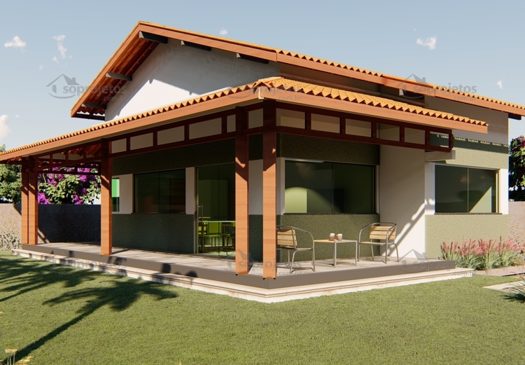 Planta de casa térrea com varanda 2 quartos e 1 su... | Só Projetos