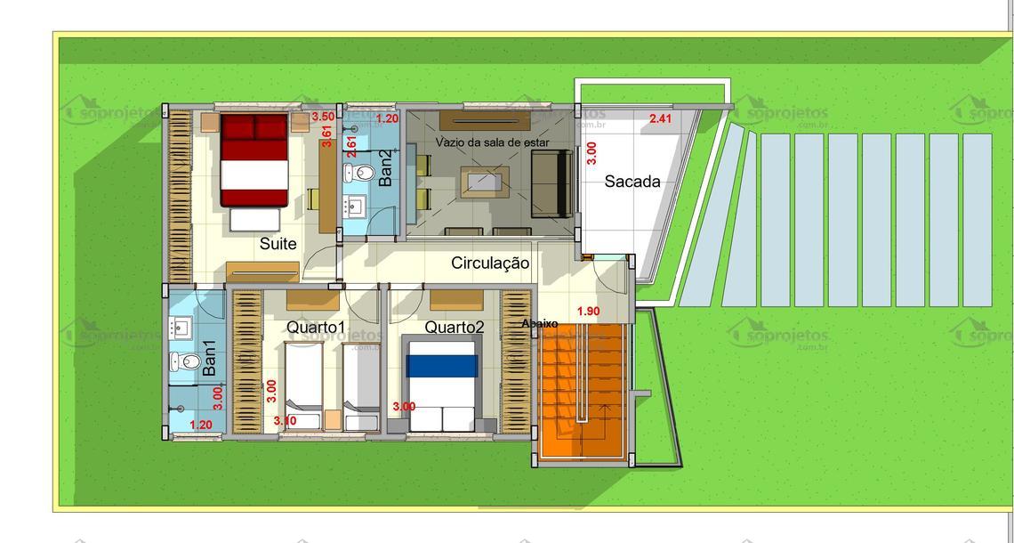 Planta de casa sobrado com 2 quartos e 1 suíte - C... | Só Projetos