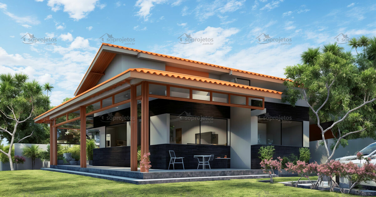 Planta de casa térrea com varanda 2 quartos e 1 su... | Só Projetos