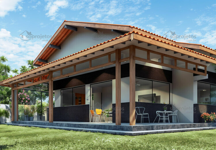 Planta de casa térrea com varanda 2 quartos e 1 su... | Só Projetos