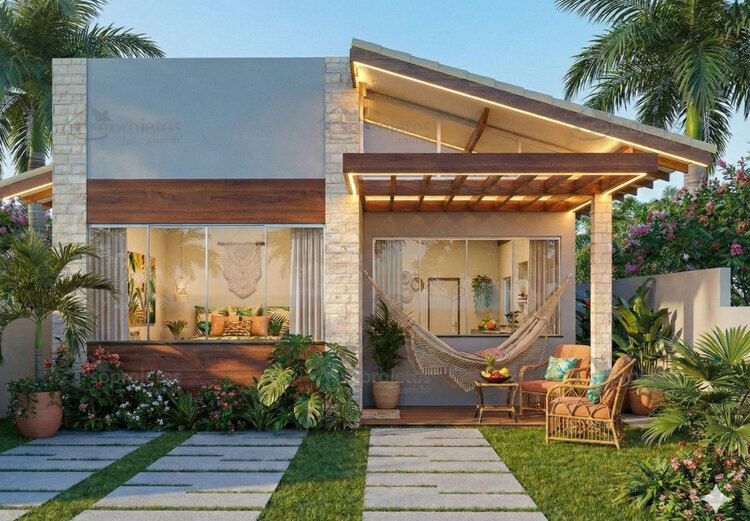 Planta de casa térrea com 2 quartos e piscina - Cód. 157 — fachada