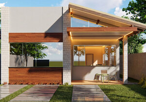 Planta de casa térrea com 2 quartos e piscina