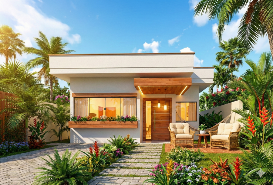 Planta de casa térrea com 2 quartos e área gourmet 