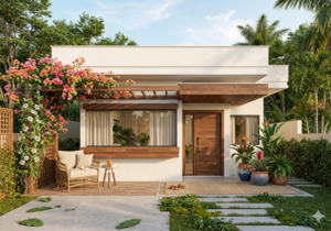 Planta de casa térrea com 2 quartos e área gourmet