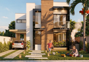 Planta de sobrado com 2 quartos 1 suíte e varanda gourmet