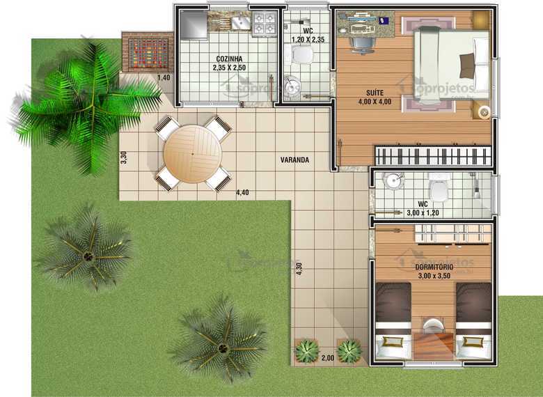Planta com 2 quartos e Varanda - Cód. 54 | Só Projetos